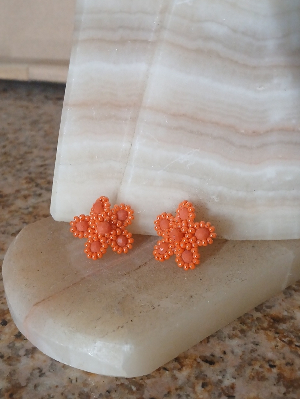 Orange Beaded Flower Stud Earrings